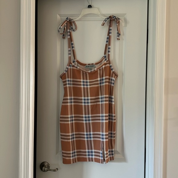 Almost Famous Peach, Cream, Blue Plaid Mini Dress, Spaghetti Straps, Bodycon 2X - Picture 1 of 9